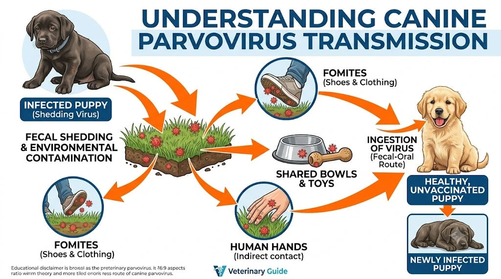 Infographic showing how canine parvovirus spreads between dogs through contaminated environments.
