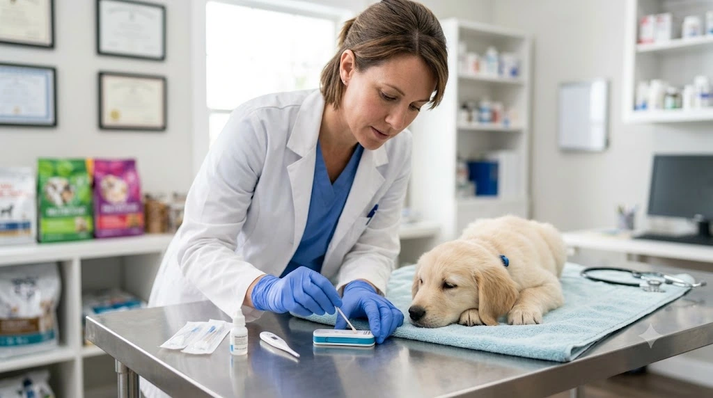 Veterinarian performing a rapid SNAP test to diagnose canine parvovirus.