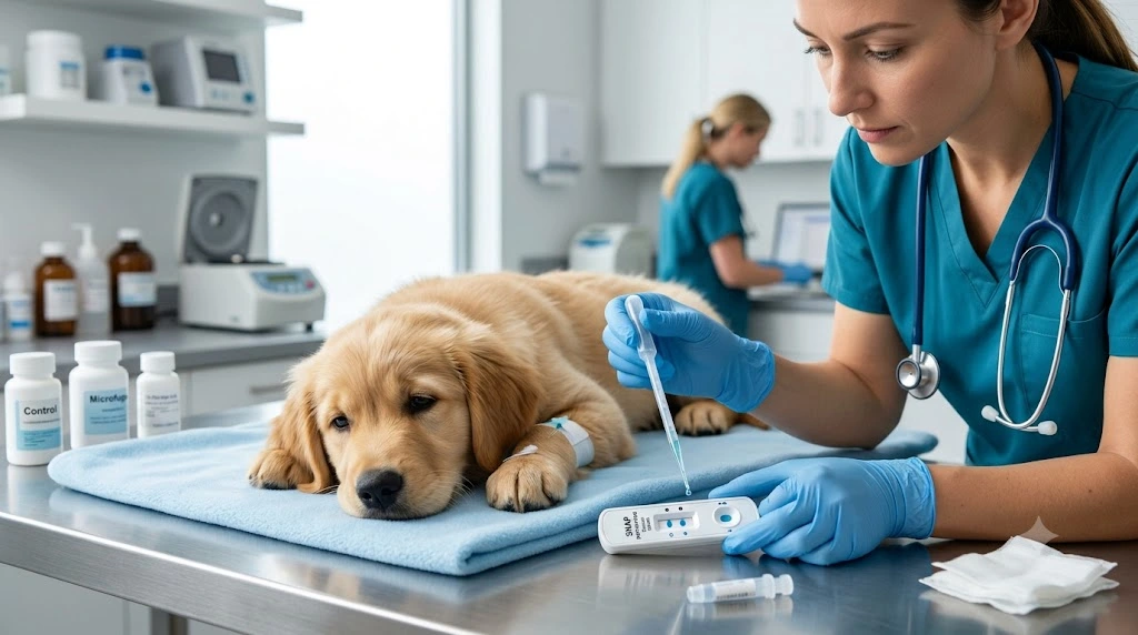 Veterinarian performing a rapid SNAP test to diagnose canine parvovirus.