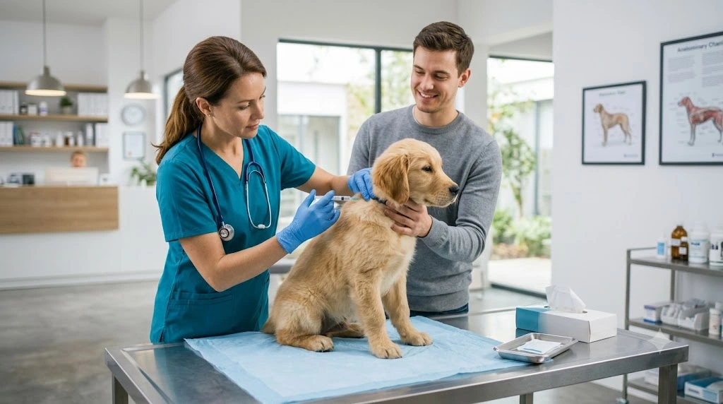 Veterinarian administering a routine parvovirus vaccine to a puppy.